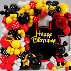 ALL-IN-1 Mickey Balloon Arch Kit with BONUS Mouse Heads & Gold Stars for Mouse Birthday Decorations - Mickey Balloons for Cartoon Mouse Clubhouse Birthday Decorations - Disney Balloons, Mickey Party