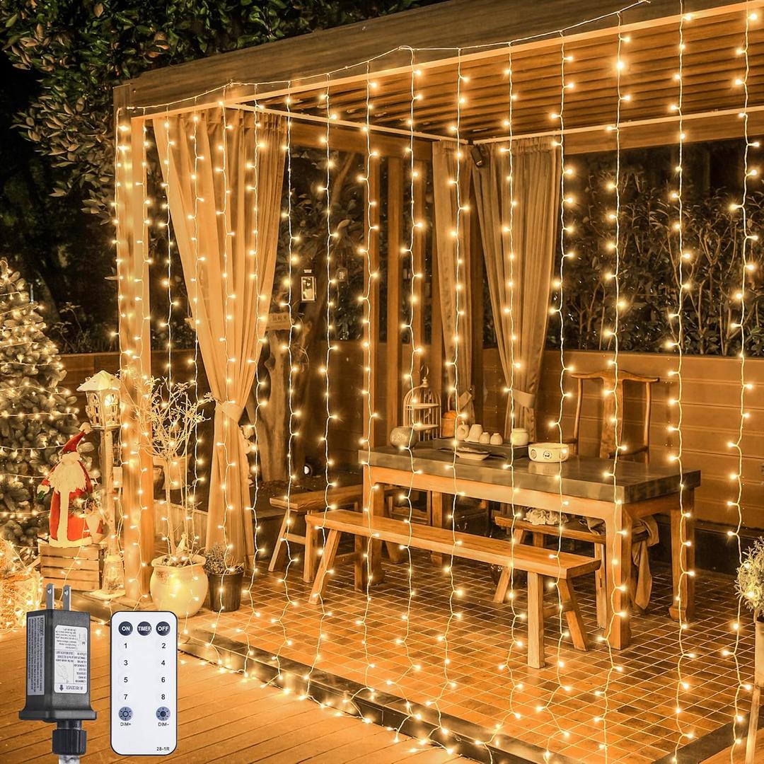 JMEXSUSS 900 LED Outdoor Curtain Lights, 9.5x29.5ft Christmas Lights Plug in with Remote, Twinkle Hanging String Light for Bedroom Wall Wedding Backdrop Window Gazebo Decor, Warm White