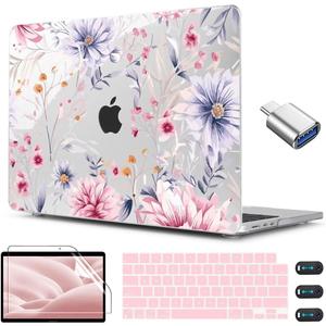 CISSOOK Flower Case for MacBook Air 13.6 Inch M5 M4 M3 M2 Chip Model A3449 A3240 A3113 A2681, Plastic Shell Cover with Keyboard Cover Screen Protector for MacBook Air 13 2022-2026, Flowers Watercolor