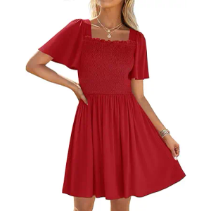 ZESICA Women's 2025 Summer Casual Mini Dress Flutter Short Sleeve Square Neck Smocked Tiered Ruffle Flowy Dresses,Red Medium