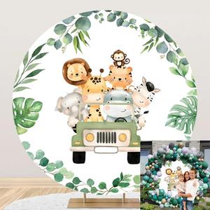 OERJU Safari Round Backdrop Cover Jungle Safari Baby Shower Round Backdrop Safari Animals Truck Theme Birthday Baby Shower Party Decoration Photography Background Kids Boy Arch Photo Booth Props 7.2ft