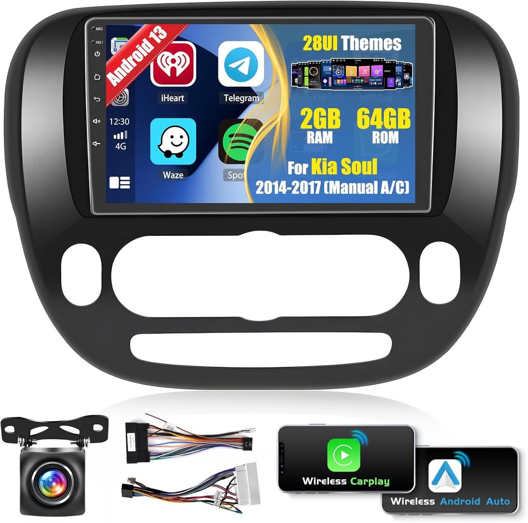 Car Radio for Kia Soul 2014 2015 2016 2017 (Manual A/C): [2G+64G] 9 inch Car Stereo with Wireless Carplay Android Auto, Touch Screen Upgrade for Kia Soul with GPS Bluetooth WiFi SWC FM RDS