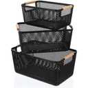 Ziliny 3 Pack Plastic Mesh Basket with Wooden Handles - PP Material Hanging Storage Organizer Container Bins for Organizing Cabinet Pantry Bathroom Kitchen Fridge Fruit Makeup Snacks Gifts(Black)