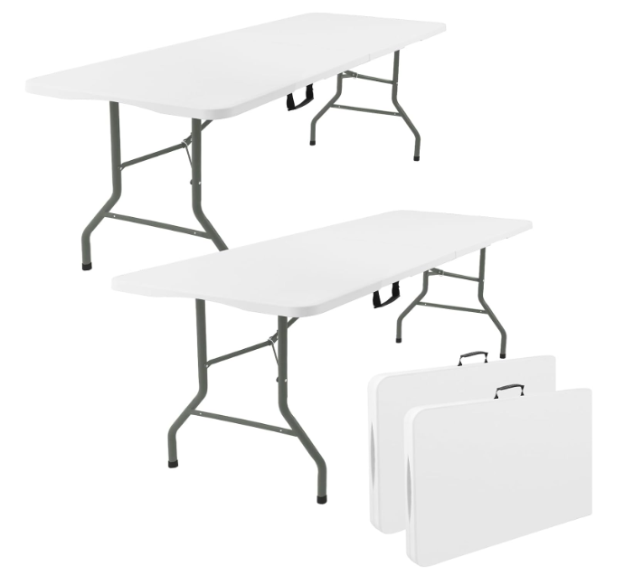Fivenl 2 Pack 6 Feet Portable Folding Table White, Steel Legs Fold-in-Half with Carrying Handle Rectangular Plastic Foldable Table for Party, Wedding, Camping, Picnic, Dining, Indoor Outdoor Events