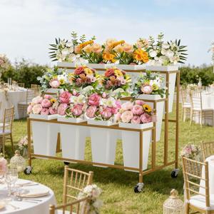3-Tier Metal Flower Display Stand with 12 Square Plastic Buckets and Wheels,Flower Display Cart for Indoor and Outdoor Use, Gold