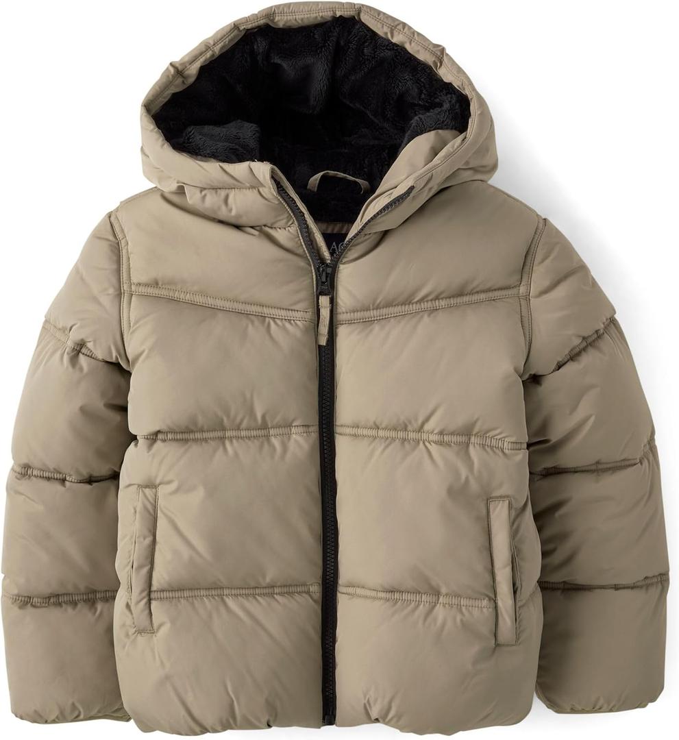 The Children's Place Boys' Water and Wind Resistant Hooded Zip Front Puffer Jacket, Faux Fur Lined (XX-Large, Chinchilla)