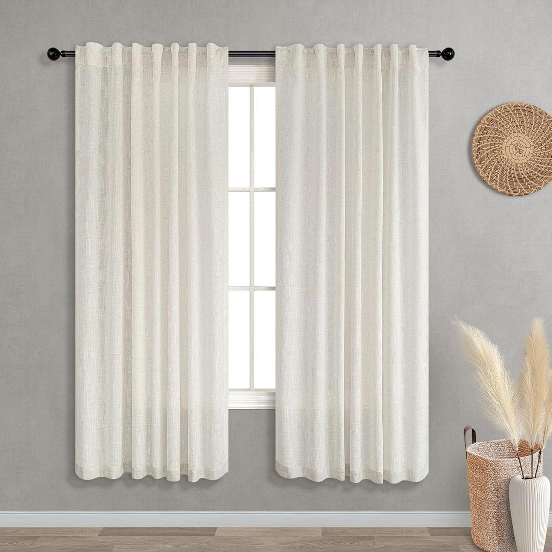 KOUFALL Linen Sheer Curtains 63 Inch Length for Living Room,2 Panel Set Semi Sheer Light Filtering Window Curtains Drapes 63 Inches Long for Bedroom,Cream Beige (Natural)