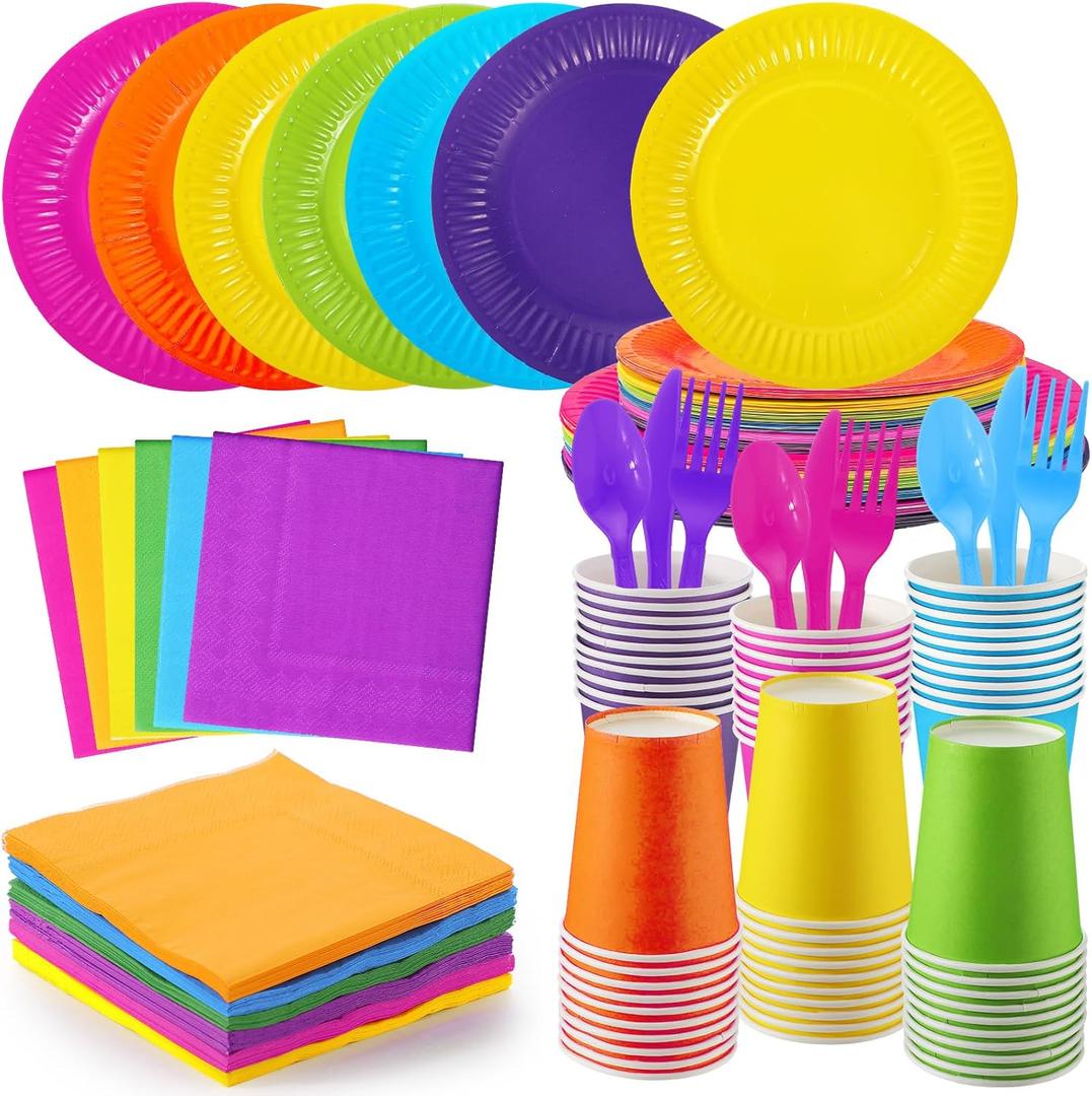 Ziliny 420 Pcs Orange and Pink Paper Plates and Napkins 9 oz Paper Cups Forks Knives Spoons Disposable Tableware for Summer Tropical Theme Birthday Party Supplies, Serves 60