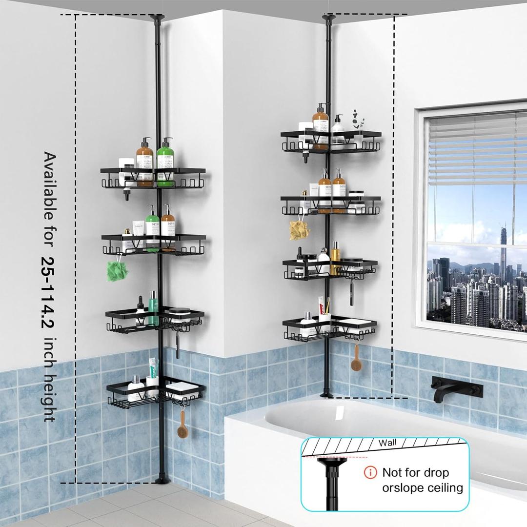 Set of 2 Wall Mount Toothbrush Holders with Tension Pole Shower Caddy, Rustproof Bathroom Organizer with Soap Holder & Hooks, 4 Adjustable Shower Shelves for Renters, 25-114.2 inch Black