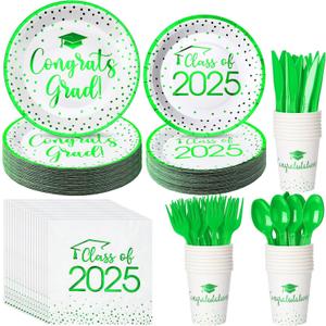 175pcs Class of 2025 Graduation Plates and Napkins Set, Disposable Paper Plate Set Polka Dots Napkin Cups Knife Fork Spoon for Graduation Party Decorations and Supplies,Serve 25 (White Green)