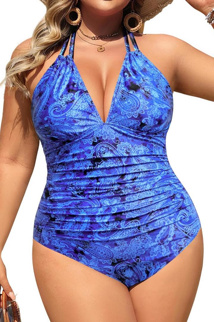 Aqua Eve Plus Size Swimsuits One Piece Bathing Suit for Women Tummy Control Sexy Halter Swimwear (Blue Paisley) 20W