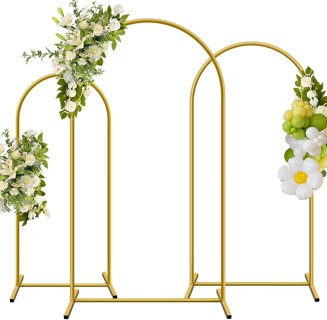 Metal Arch Backdrop Stand, Set of 3 (6/6.6/7.2 ft) Wedding Arched Frame with 12 Ground Nails and Storage Bag, Stable Arched Background Stand for Wedding, Baby Shower, Birthday Party, Photography, Gold