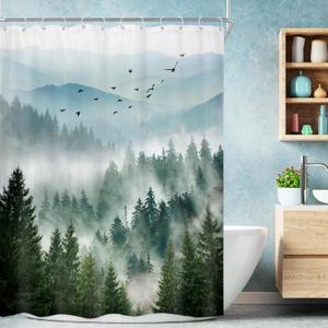 Riyidecor Green Mountain Shower CurtainStall Narrow Rv Small Nature WoodsLandscape Scenery Pine Tree Scenic Woodland Rustic Bathroom DecorFabric Polyester Waterproof 12 Pack Hooks 48Wx72H Inch