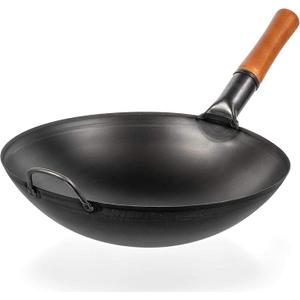 YOSUKATA Carbon Steel Woks and Stir Fry Pans 14 in with Round Bottom - Traditional Chinese Japanese Pow Wok - Black Steel Pan