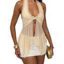SOLY HUX Women's Deep V Neck Halter Top Sleeveless Asymmetrical Ruffle Flowy Mesh Tank Tops Plain Apricot, Small