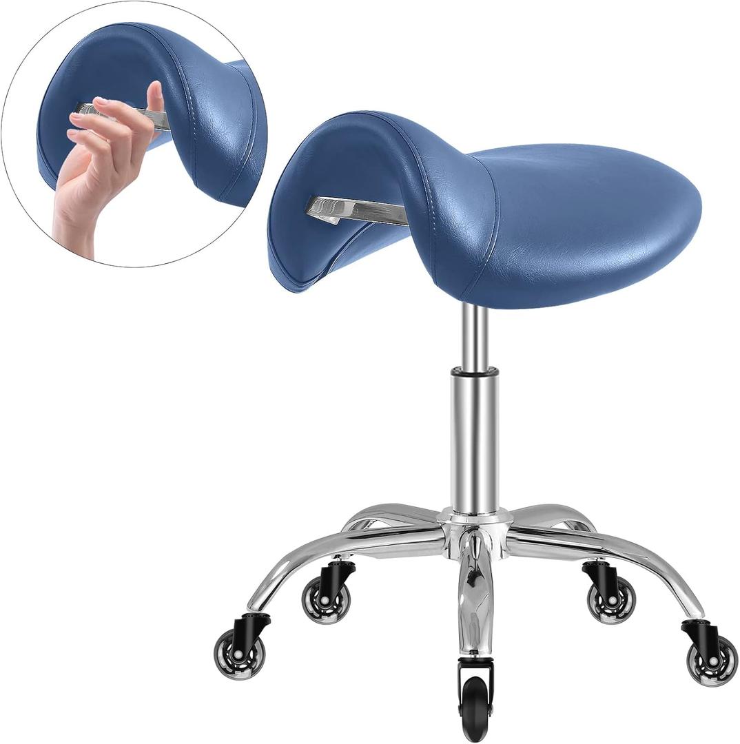 Saddle Stool with Wheels 300 lbs Weight Capacity, Heavy Duty Rolling Stool for Medical Massage Salon Kitchen Spa Drafting Nail-Tech,Height Adjustable,360 Swivel,Wide Thick Seat Padding (Premium Blue)