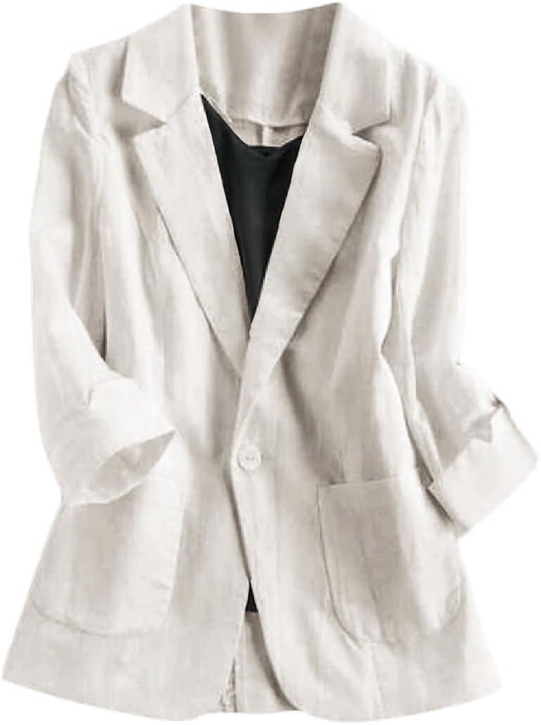 Women's Casual Solid Cotton Linen 3/4 Sleeve Short OL Work Blazer Jacket Coat (XX-Large, Beige)