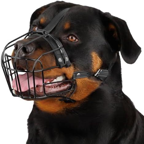 BRONZEDOG Dog Muzzle Adjustable Durable Metal Wire Basket for Large and Extra Large Dogs with Leather Straps Breathable, Drinkable, Adjustable, Training, Prevents Biting (PVC, Rottweiler), L