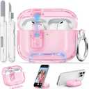 for AirPods Pro 3 Clear Case 2025 with Secure Lock, Soft TPU Transparent Case Cover for Apple AirPods Pro 3rd Generation with Phone Stand & Cleaning Kit for Women Men with Keychain,Clear Pink
