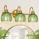 Bathroom Light Fixtures (3-Light, 20 in), Brushed Gold Vanity Lights for Bathroom with Ribbed Green Tulip Glass Shade, Vintage Vanity Wall Lights for Mirror Bedroom Living Room Hallway
