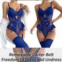 Lilosy Sexy Stocking Lace Mesh Bodysuit Top Underwire Garter Lingerie Set 3 Piece (Blue, L)