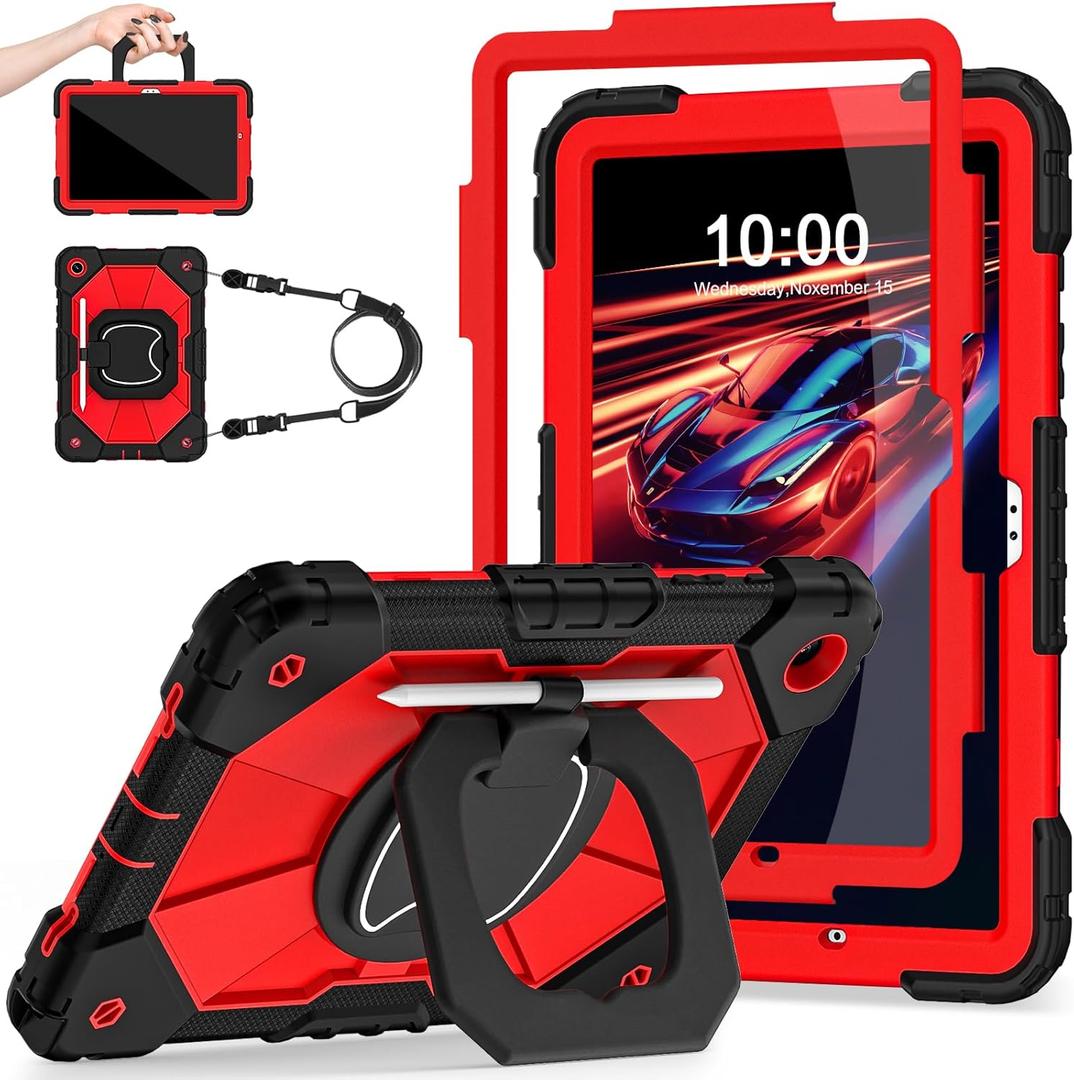 Case for Galaxy Tab A9 Plus Case 11 Inch with Screen Protector/Rotating Stand/Pen Holder,Military Grade Shockproof Cover for Samsung Galaxy A9+/A9 Plus Tablet Case (SM-X210/X216/X218) (Black Red)