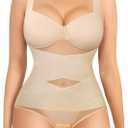 Nebility Shapewear Bodysuit for Women Tummy Control Waist Trainer Backless Body Shaper V-Neck with Built in Bra (Large, Beige)