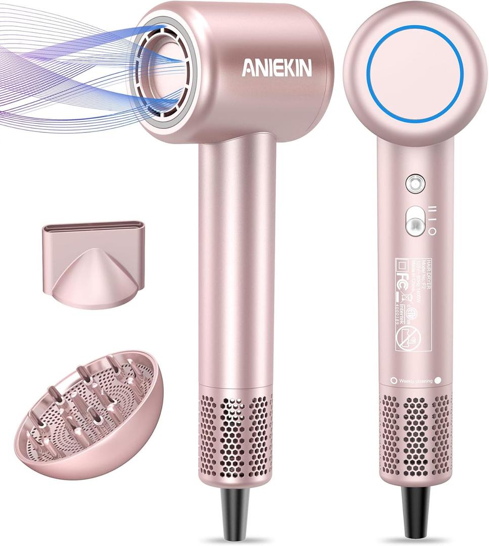 Hair Dryer, High-Speed Ionic Low Noise Blow Dryer with Brushless Motor for Fast Drying, Thermo-Control Quiet Compact Hair Blow Dryer with Magnetic Diffuser for Curly Hair for Home Travel Salon (Pink)