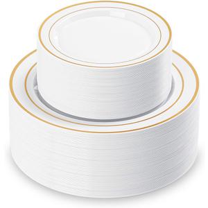 200PCS White Plastic Plates with Gold Rim, Disposable Heavy Duty Plastic Plate, 100 Dinner and 100 Dessert Plates for Party and Wedding