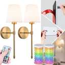 Peel and Stick Wall Sconces, Stick On Wall Sconce Set of 2, Battery Operated Wireless Adhesive Wall Lights, Corn Bulb with 10000mAh Battery, Easy Install for Bedroom Living Room Wall Decor (19.68inch, Brass)