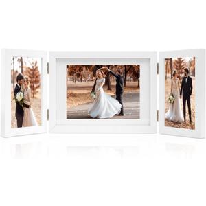 Hinged 3 Picture Frame 4x6 & 5x7 Folding Collage Photo Frames Multiple Wooden Desk Picture Frames with Mat for Office Tabletop or Wall Decor, White (Double Vertical 4x6 & One Horizontal 5x7)