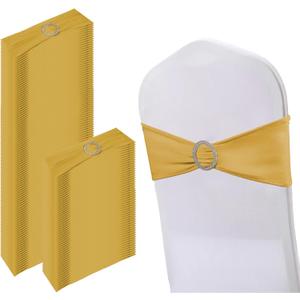 150 Pack Spandex Stretch Chair Sashes Bows, Elastic Stretch Chair Cover Bands Ties with Buckle Slider for Wedding Party Ceremony Reception Event Banquet Decoration (Gold)