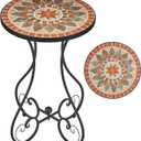 VONLUCE Outdoor Side Table and Mosaic Plant Stand, 21" Round End Table with 14" Ceramic Tile Top for Patio Porch Decor, Indoor and Outdoor Accent Table, Small Coffee Table for Home Garden, Quilt Star