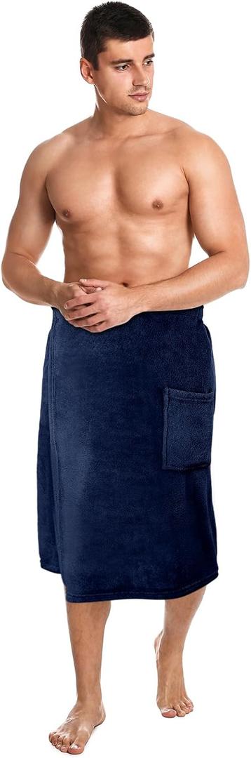 Tudomro 1 Pcs Men's Bath Wrap Towel Large Shower Adjustable Terry Body Spa Towel with Pocket After Shower Wrap for Men Gift Spa College Bath Dorm Room Gym (Navy Blue)