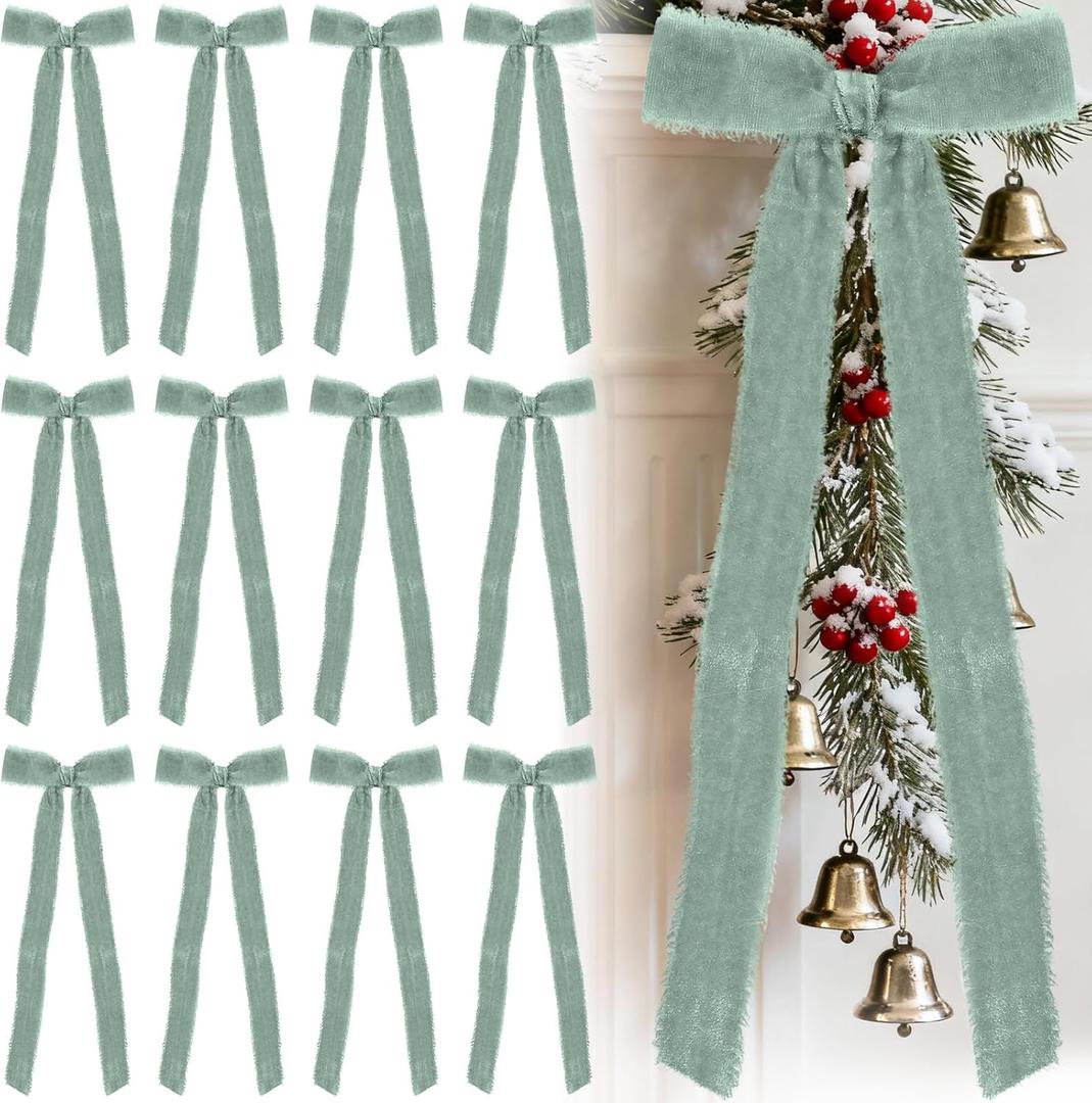 20 Pcs Velvet Christmas Bows 4.7" x 11" Pre Tied Handmade Fringe Velvet Ribbon Bows Rustic Crafts Gift-Bows with Twist Tie for Gift Wrapping Christmas Decorations (Dusty Green)