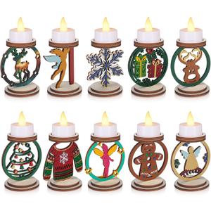 Kathfly 10 Pack Winter Wood Candle Holders Wonderland DIY Candle Holder Cutout Reindeer Snowflake Candlestick for Christmas Holiday Dining Table Living Room Indoor Decorations