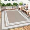MilleLoom Waterproof Plastic Straw Outdoor Rug 9x18 Patio Reversible UV Resistant Foldable Camping Carpet Modern Border Large Outdoor Rugs for Deck, Picnic, Porch, Camper, Balcony, Beach，Light Brown