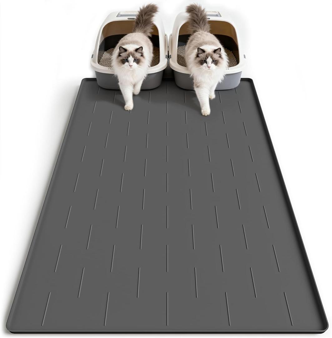 Pieviev Silicone Cat Litter Trapping Mat, 40''x28'' Extra Large Cat Litter Mat, Easy to Clean & Soft on Kitty Paws, Waterproof Kitty Litter Pads for Indoor Cats, Dark Gray