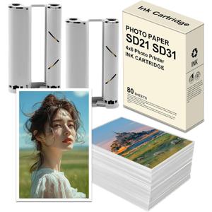 Photo Paper SD21 SD31 Compatible with DHP512 DHP513 Photo Printers Compatible for Amber M100 M200 4x6'' Photo Printer Ink Cartridge(80 Sheets paper and 2 Cartridges Refill)