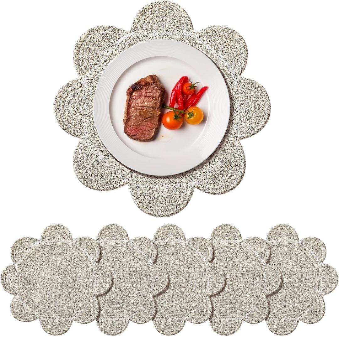 Set of 6 Round Woven Scalloped Edge Placemats 13.8" Boho Farmhouse Rattan Table Mats Scalloped Cotton Rope Placemats Non Slip Heat Resistant Place Mats for Kitchen Table Decor