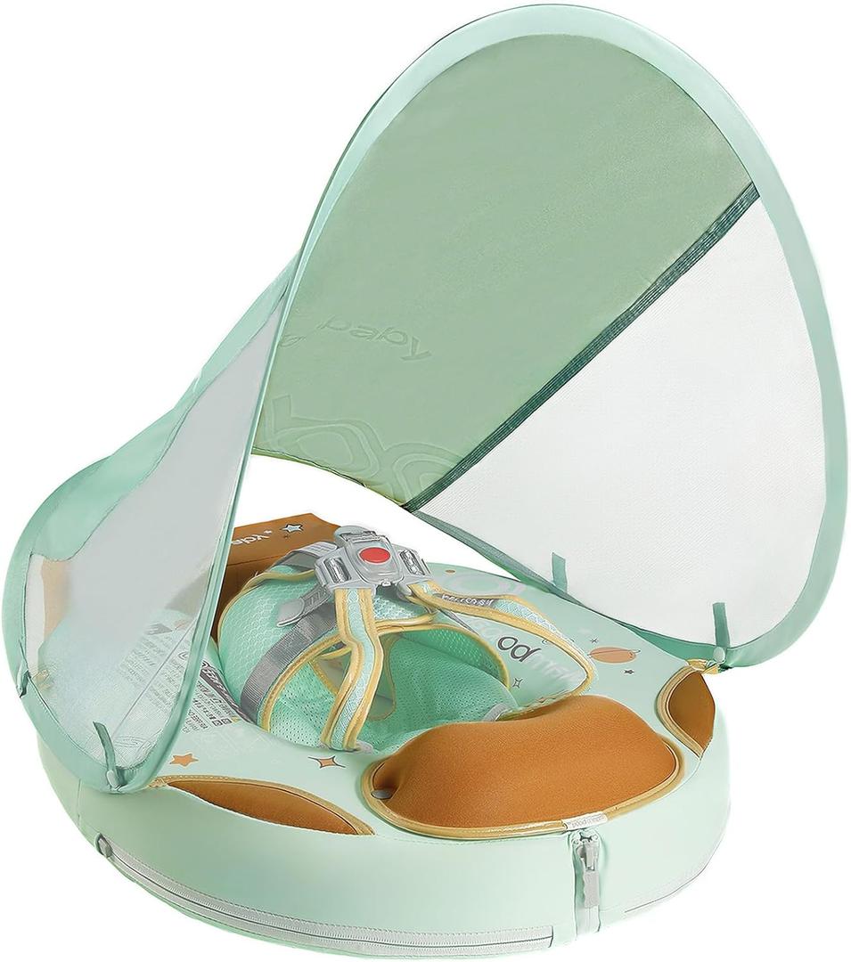 Mambobaby Non-Inflatable Baby Pool Float with Tail and Canopy UPF 50+ Sun Protection No Flip Over Infant Swim Float Skin-Friendly Mambo Float Swim Trainer Solid Baby Swimming Ring Foldable Style