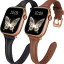 2 pack Slim Leather Bands Compatible with Apple Watch Band 38mm 40mm 41mm 42mm 44mm 45mm 46mm 49mm Women,Top Layer Genuine Leather Strap for iWatch Series 11/10/9/8/7/6 5/4/3/2/1/SE/Ultra (Black+Brown/Rose Gold)
