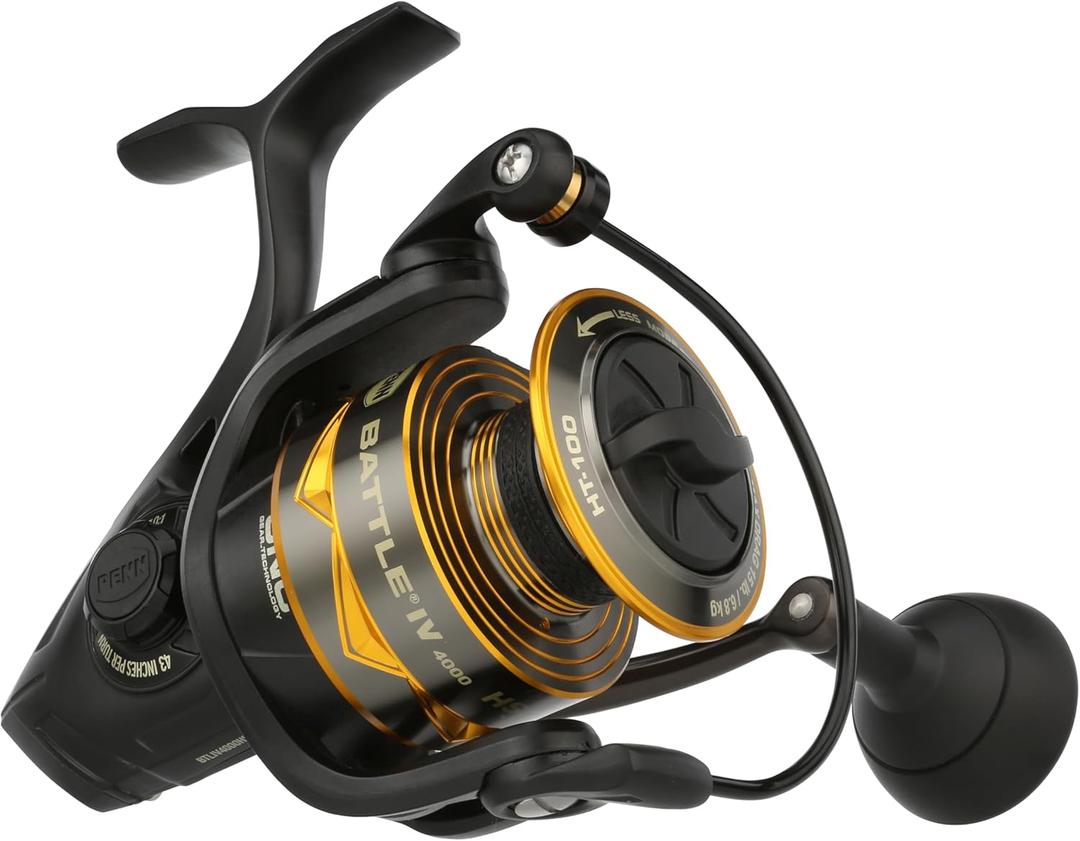 Penn Battle IV Size 4000 Spinning Fishing Reel, Full Metal Body and Sideplate, CNC Gear Technology, Hydro Armor Seals Critical Area from Water Intrusion, HT-100 Drag System