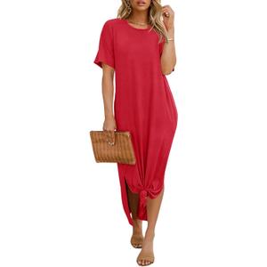 Dyexces Womens Summer T Shirt Dress Casual Drop Shoulder Round Neck Maxi Dresses Loose Side Slit Midi Dress with Pockets (Small, Red)