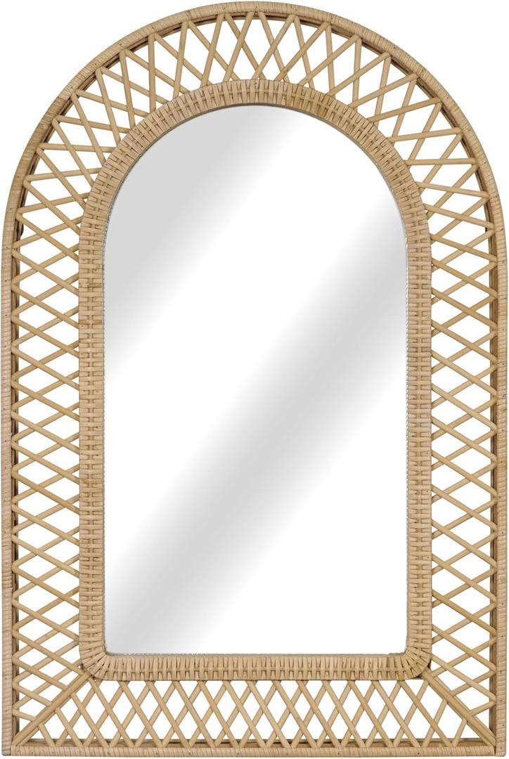 Arched Rattan Wall Mirror 24x36 Inch Boho Elegance with Woven Frame, Decorative Mirror for Bathroom Vanity Entryway Living Room