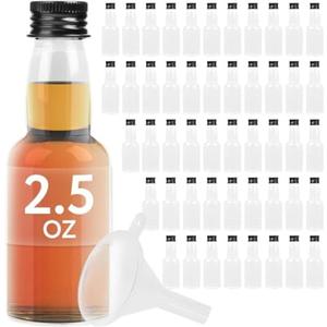 IMPRESA Shot Bottles with Caps 50-Pack - 75ml (2.5oz) Clear Plastic - Reusable & Dishwasher Safe - Bulk Mini Alcohol Bottles for Party Favors & Travel