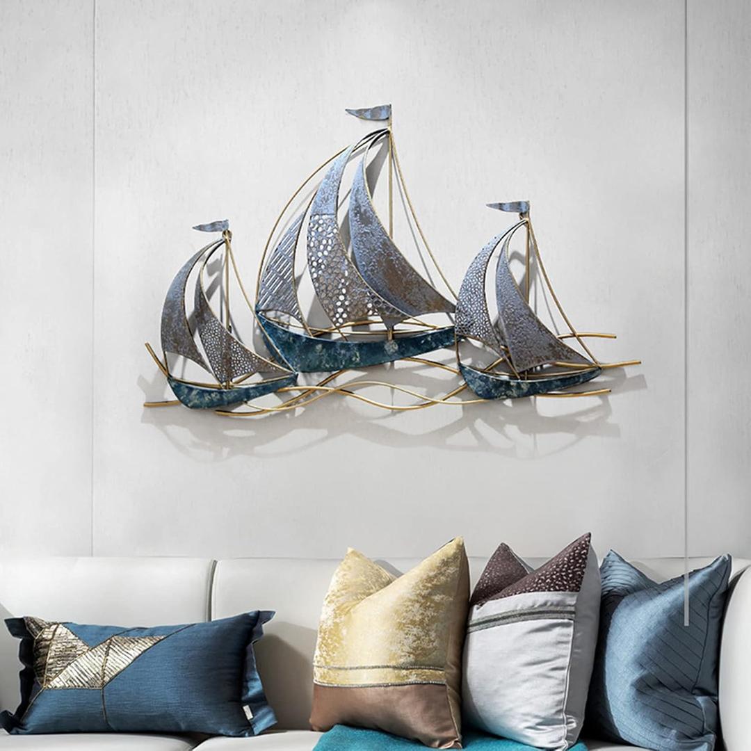 WANGLE Metal Sailboat Wall Decor, 3D Nautical Ship Wall Sculptures, 34.02" L x 21.26" H Handmade Coastal Beach Sailboat Wall Art Decor School Home Hotel Living Room Bedroom Dining Room,A