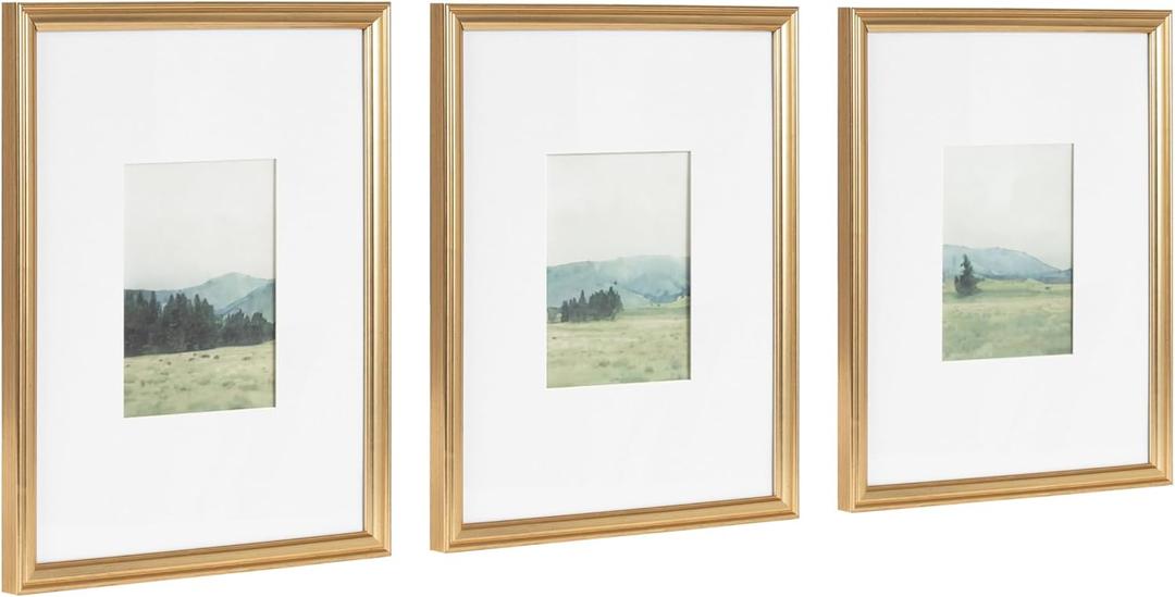 Kate and Laurel Adlynn Decorative Rectangle Watercolor Framed Art Set of 3; 11 x 14 matted to 5 x 7; Gold; Vintage Three-Piece Framed Wall Art for Gallery Wall Frame Set in Living Room Wall Decor