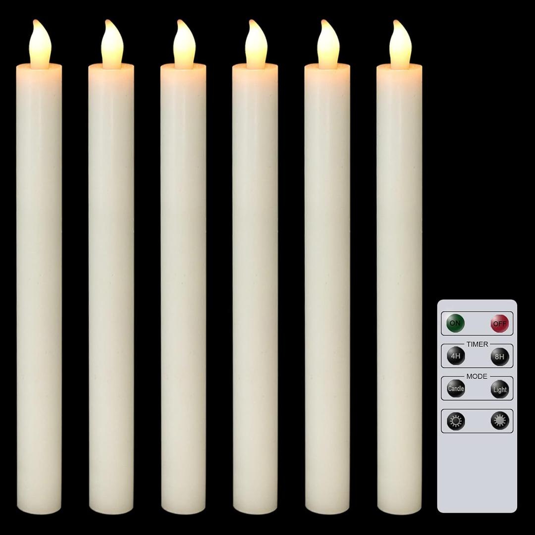 DRomance Ivory Flameless Taper Candles with Remote and Timer 6 Pack Battery Operated LED Flickering Taper Candles Real Wax Dimmable Light Dinner Wedding Holiday Decor(0.78" D x 9.64" H)