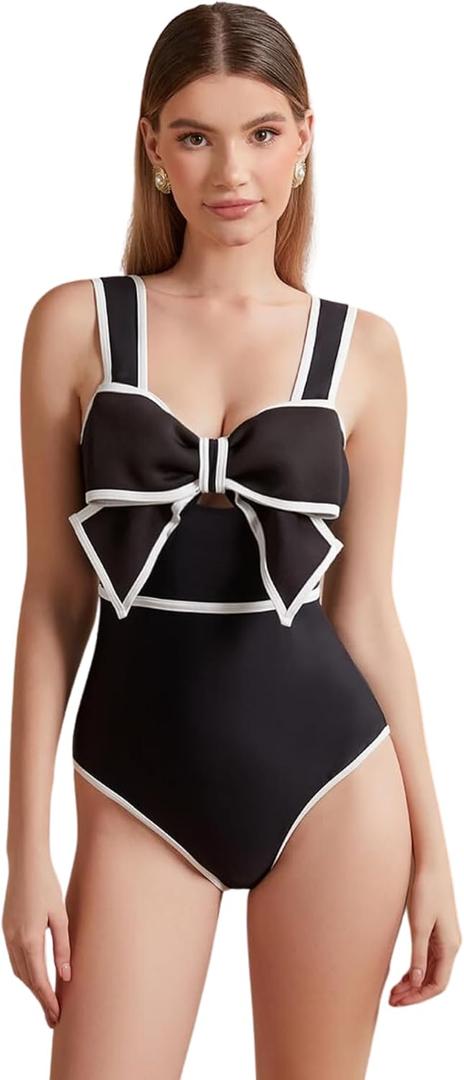 FLAXMAKER Black and White Swimsuit Bow-tie Decor One Piece Bathing Suit (Black, XS) FLAXMAKER Black and White Swimsuit Bow-tie Decor One Piece Bathing Suit (Black, XS)